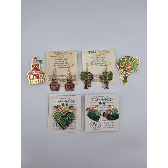 Vtg Two Hands Jewelry Metal Enamel Matching Sets Lot Teacher Theme - Picture 1 of 5